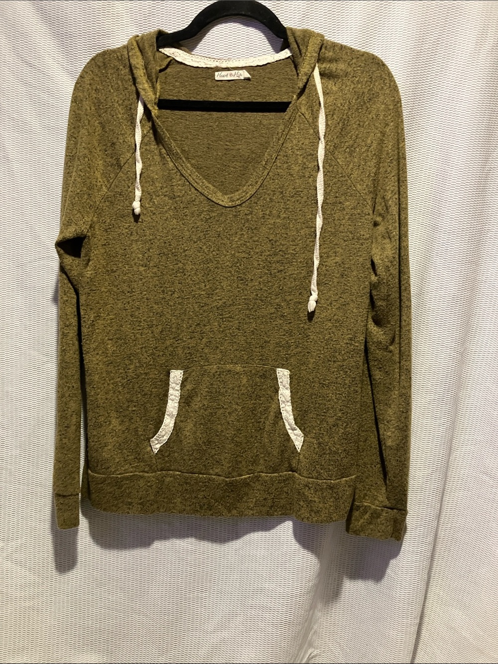 Heart & Hips Olive V-Neck Hoodie with White Drawcords